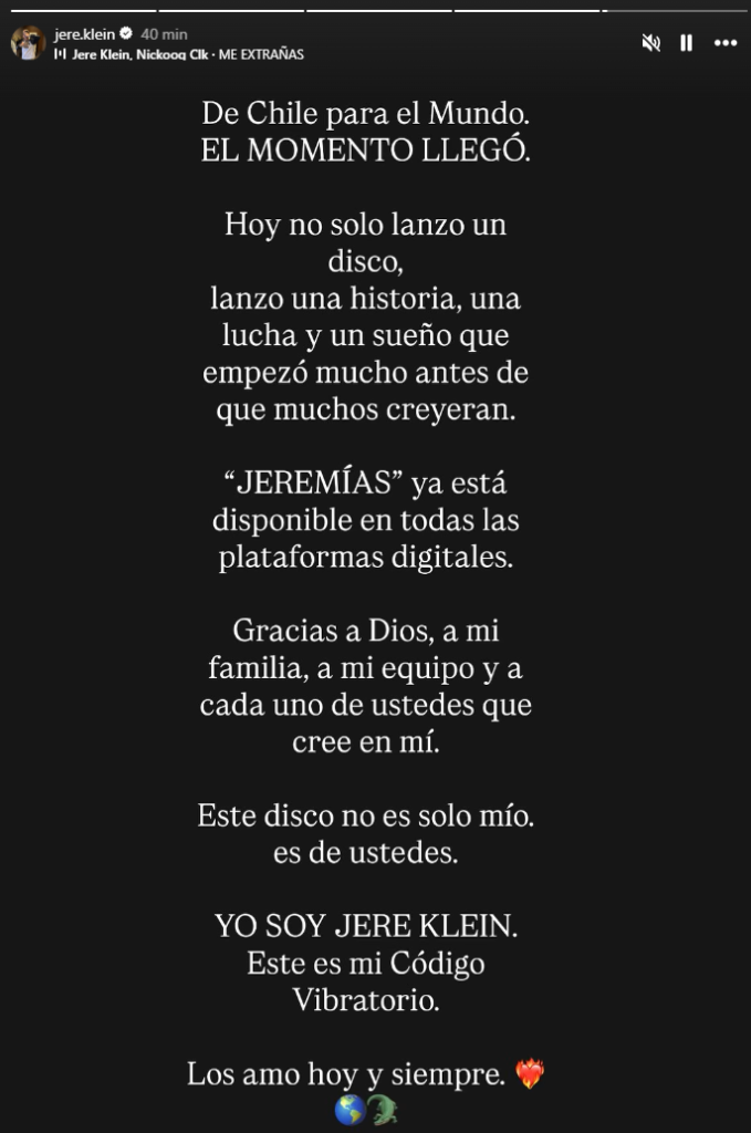 Jere Klein en su instagram sobre JEREMIAS